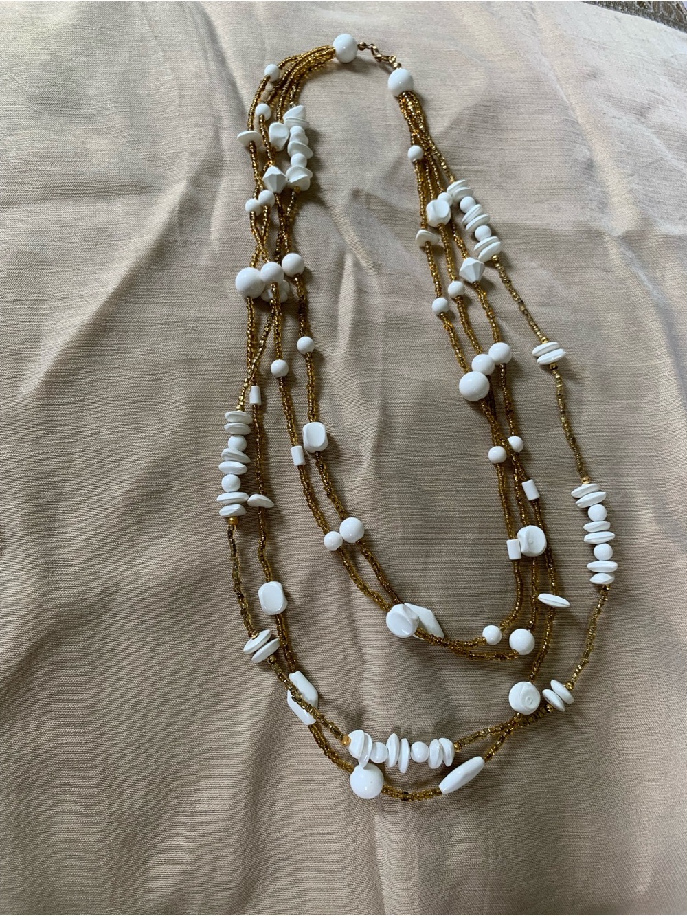 Vintage Boho Multi-Strand White & Gold Beaded Layered Necklace Statement Jewelry